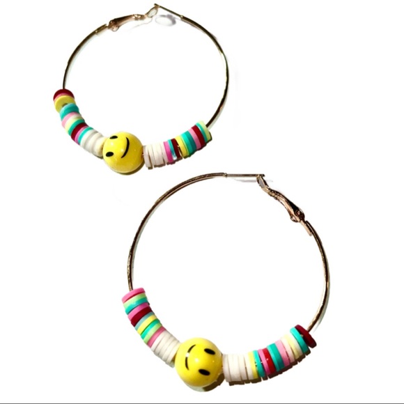 Oh Happy Day, Gold Hoop Smiley Face Colorful Beaded Earrings - Picture 9 of 11